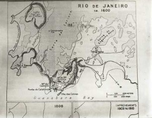 Rio de Janeiro, Brasilien. Landkarte um 1600, Kartenskizze mit ursprünglichem Küstenverlauf und Aufschüttungen bis 1910