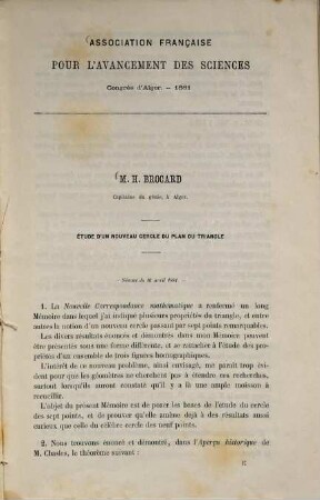 Étude d'un nouveau cercle du plan du triangle par H. Brocard : (Aus: Association française pour. l'avancement des sciences, congrès d'Alger)