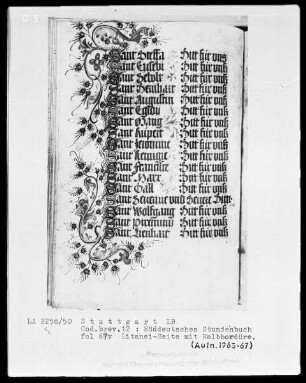 Deutsches Gebetbuch (Waldburg-Gebetbuch) — Litaneiseite mit Initiälchen S und Randornamentik, Folio 67verso