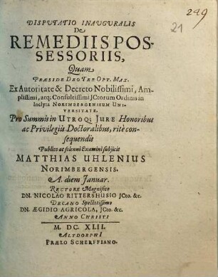 Disputatio Inauguralis De Remediis Possessoriis