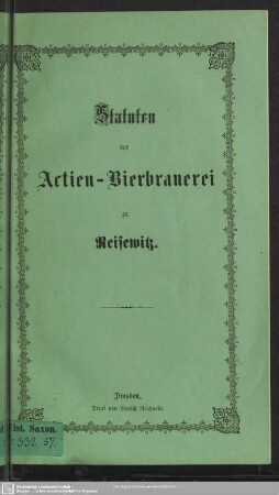 Statuten der Actien-Bierbrauerei zu Reisewitz