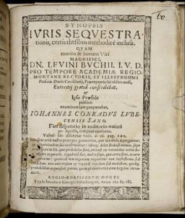 Synopsis Iuris Sequestrationis, certis thesibus methodice inclusa
