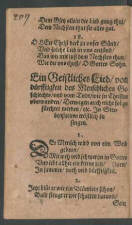 Ein Geistlichs Lied/ von dürfftigkeit des Menschlichen Geschlechts ...