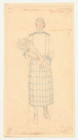 Entwurf Damenkleid : Langärmlige Bluse mit Schulterverschluss, karierter Rock; Blatt montiert; nummeriert