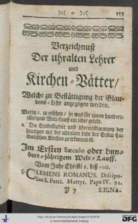 Verzeichniß der uhralten Lehrer und Kirchen-Vätter, welche zu Bestättigung der Glaubens-Lehr angezogen werden.