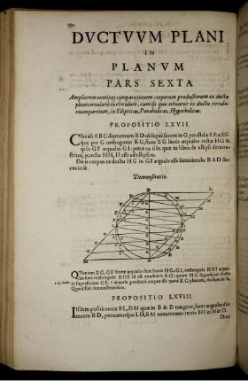 Pars sexta. Ampliorem continet comparationem corporum productorum ex ductu plani circularis in circulare, cum iis quae oriuntur ex ductu circularium partium, in Ellipticas, Parabolicas, Hyperbolicas.