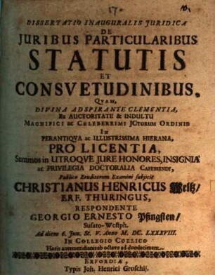 Diss. inaug. ... de iuribus particularibus, statutis et consuetudinibus