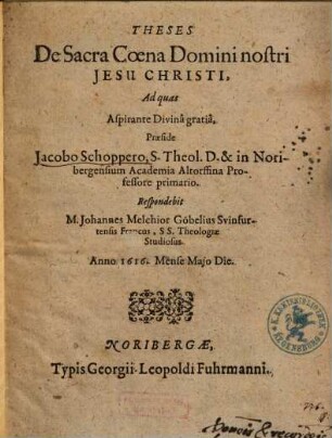 Theses De Sacra Coena Domini nostri Jesu Christi