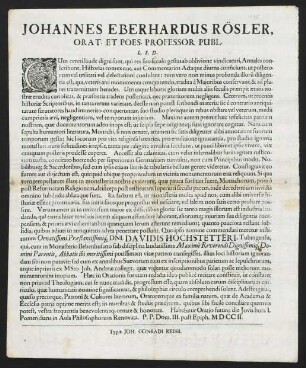 Johannes Eberhardus Rösler, Orat. Et Poes. Professor Publ. L. S. D.