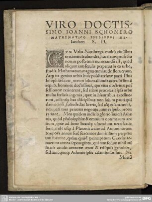 VIRO DOCTISSIMO IOANNI SCHONERO MATHEMATICO PHILIPPUS MElanthon S.D.