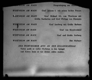 Auflistung Wertheimer Grafen und Gräfinnen mit Spruch der Wertheimer Affe an der Kilianskapelle