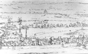 Dresden-Plauen. Ortsansicht mit Windmühlen und Pulvermühle, Federzeichnung von Wilhelm Dilich, 1626-29, Repro