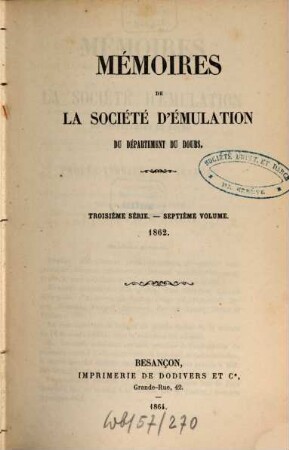 Mémoires de la Société d'Emulation du Département du Doubs, 7. 1862