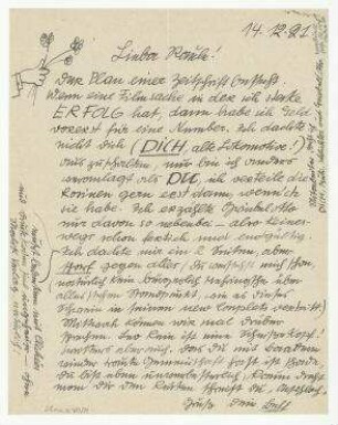 Brief mit Zeichnung von George Grosz an Raoul Hausmann. [o. O.]