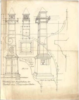 Thiersch, August ; Transformationsstationen, Masttransformatoren, Entwürfe - Vorschlag zur Ausgestaltung der Bartel'schen Transformatorstation (Grundriss, Ansicht m. Schnitt, Teilansicht, Perspektive, Detail)
