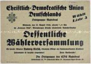 Aufruf der CDU, Ortsgruppe Radebeul, zu einer Kundgebung anlässlich der Landtagswahlen am 20. Oktober 1946