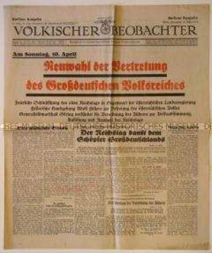 Tageszeitung "Völkischer Beobachter" zum "Anschluss" Österreichs und zur Festlegung des Wahltermins für das "Großdeutsche Volksreich"
