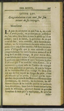 Lettre LXV. Congratulation a un ami sur son retour de ses voyages