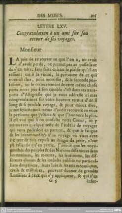 Lettre LXV. Congratulation a un ami sur son retour de ses voyages