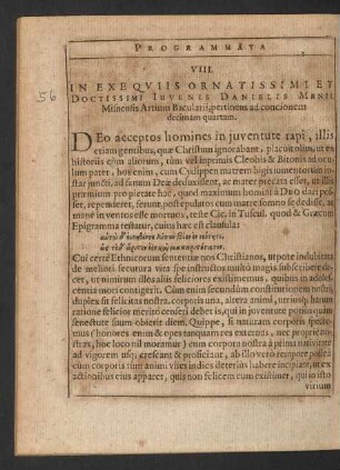 VIII. In Exequiis Ornatissimi Et Doctissimi Iuvenis Danielis Menii Misnensis Artium Bacularii, pertinens ad concionem decimam quartam