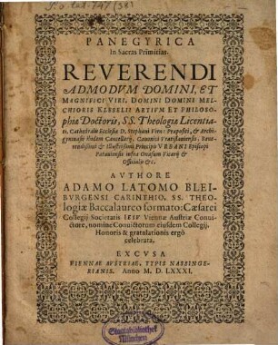 Panegyrica In Sacras Primitias. Reverendi ... Melchioris Kleselii Artivm Et Philosophiae Doctoris, ...