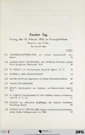 Zweiter Tag: Freitag, den 10. Februar 1933, im Franz-Josef-Saal, Beginn um 3 Uhr (Nr. 331-660)