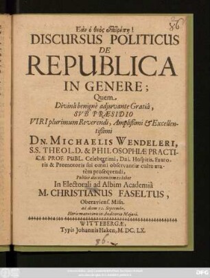 Discursus Politicus De Republica In Genere