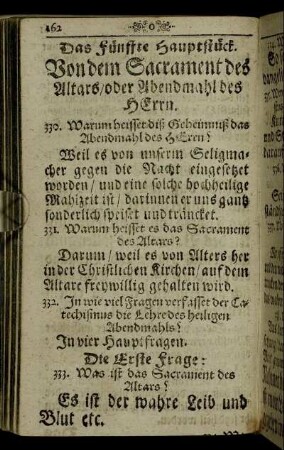 Das fünffte Hauptstück. Von dem Sacrament des Altars / oder Abendmahl des Herrn.