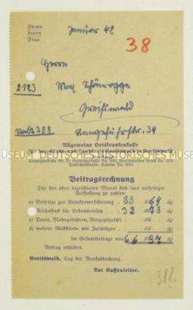 Rechnung für die Beiträge zur Krankenversicherung und zum "Reichsstock für Arbeitseinsatz" - Personenkonvolut
