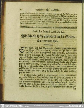 Articulus Statuti Gothani 24. Wie sich ein Erbe auswärts in die Seiten-Linie verfallen thut