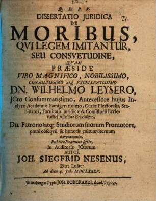 Diss. iur. de moribus, qui legem imitantur, seu consuetudine