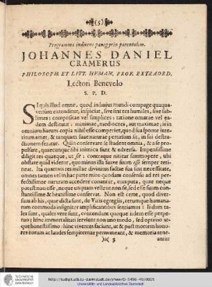 Programma indicens panegyrin parentalem. JOHANNES DANIEL CRAMERUS ...