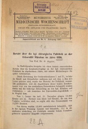 Kleine medizinische Abhandlungen : Separatabdrücke und den Münchener Medizin. Wochenschrift. 1,1 1886