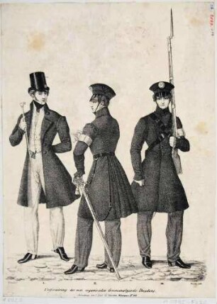 Uniformierung der neu organisierten Kommunalgarde in Dresden, drei verschiedene Darstellungen durch Johann Herzog von Sachsen (1801-1873, seit 1854 König von Sachsen) als Modell