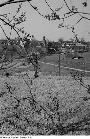 Blick durch Zweige auf ein Dorf mit Kirche (vermutlich in Thüringen)