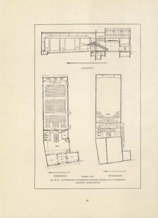 Abb. 28-30. Lichtspielhaus Wittelsbach, Berliner Strasse 166 in Wilmersdorf. Architekt Georg Pinette. Längsschnitt, Erdgeschoss, Ranggeschoss