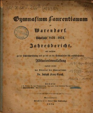 Jahresbericht : womit zu d. Schlußfeierlichkeit am ... im Namen d. Lehrer-Collegiums ergebenst einladet ... 1873/74