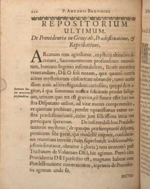 Repositorium Ultimum. De Providentia in Generali, Praedestinatione, & Reprobatione.