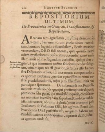 Repositorium Ultimum. De Providentia in Generali, Praedestinatione, & Reprobatione.