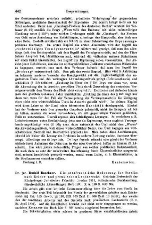 442-443, Rudolf Roeckner. Die strafrechtliche Bedeutung der Streiks nach Reichs- und preußischem Landesrecht. 1911