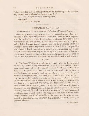 Regulation, No. V. of 1823. A regulation for the prevention of the slave trade at Singapore
