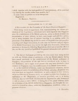 Regulation, No. V. of 1823. A regulation for the prevention of the slave trade at Singapore