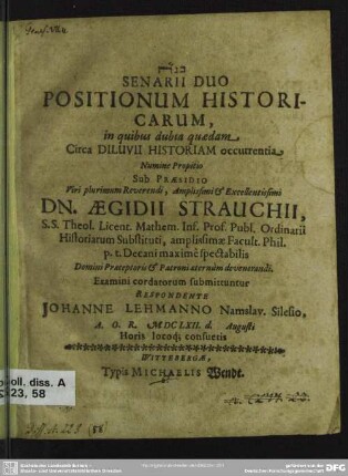Senarii duo positionum historicarum, in quibus dubia quaedam circa diluvii historiam occurrentia numine propitio