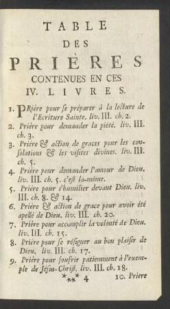 Table Des Prières Contenues En Ces IV. Livres
