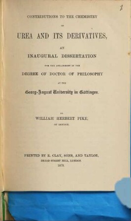 Contributions to the Chemistry of Urea and its Derivatives : Inaugural-Dissertation