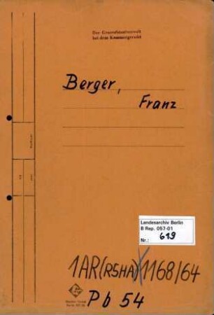 Personenheft Franz Berger (*29.03.1900), Kriminalsekretär
