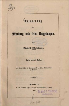 Erinnerung an Marburg und seine Umgebungen