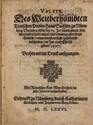 Valete des weitberümbten Teutschen Poeten Hans Sachsen zu Nürnberg