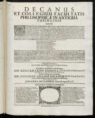 Decanus Et Collegium Facultatis Philosophicae In Antiqua Tubingensi Lect. Sal.