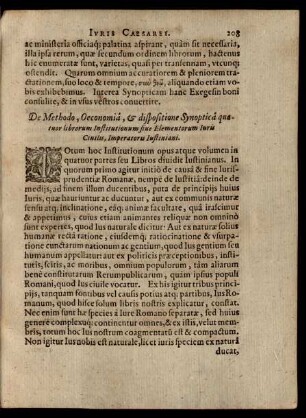 De Methodo, Oeconomia, & dispositione Synoptica quatuor librorum Institutionum sine Elementorum Iuris Civilis, Imperatoris Iustiniani.